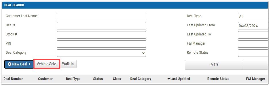 The F&I Deals page with the ‘+New Deal’ button expanded and the ‘Vehicle Sale’ choice highlighted by a box.