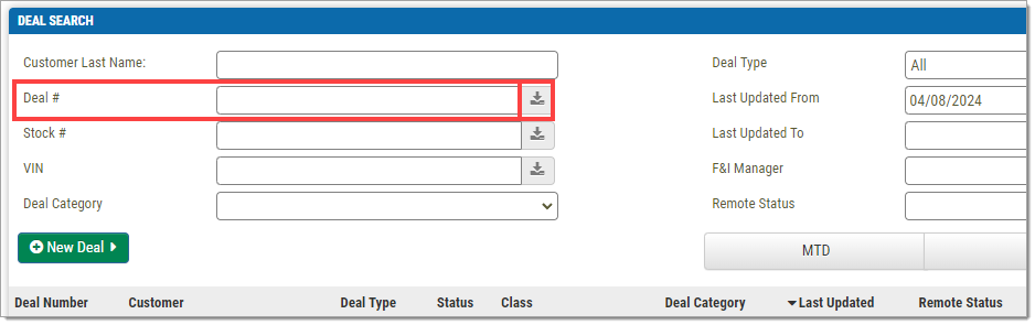 The Deal Worksheet of Step One of the Deal Wizard, with the ‘Deal Worksheet’ tab, ‘Deal Number’ field, and the ‘Enter’ icon within the Deal Number field highlighted by boxes.