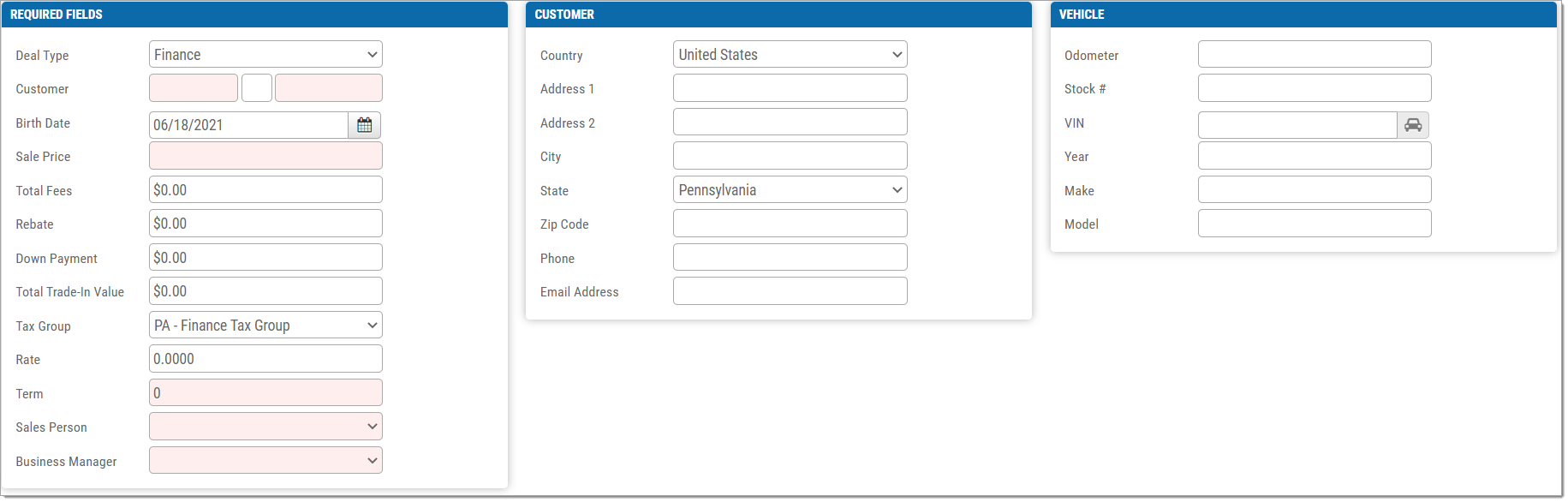 The Quick Entry tab with fields not yet filled in.