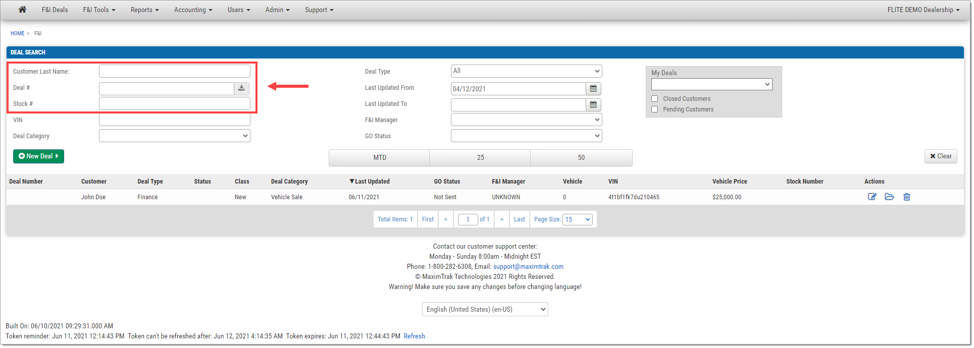 The F&I Deals page with a box highlighting the ‘Customer Last Name,’ ‘Deal #,’ and ‘Stock #’ fields and an arrow pointing towards them.