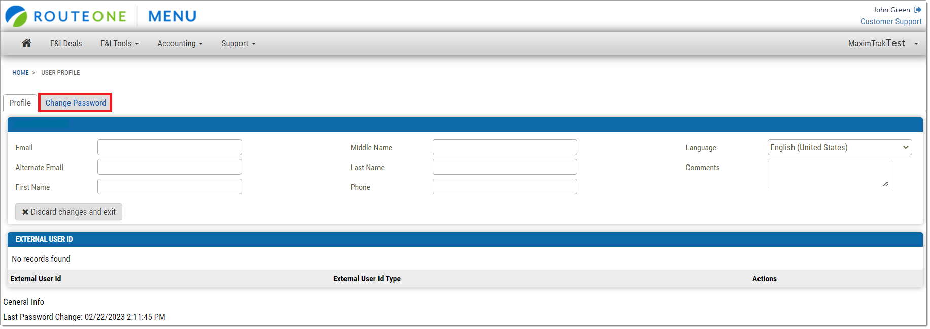 The User Profile page with a box highlighting the ‘Change Password’ tab. 