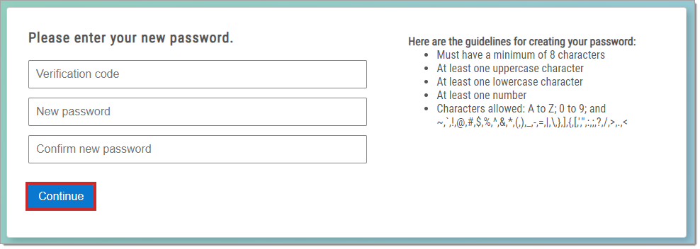 The password setting after resetting page with a box highlighting the ‘Continue’ button.