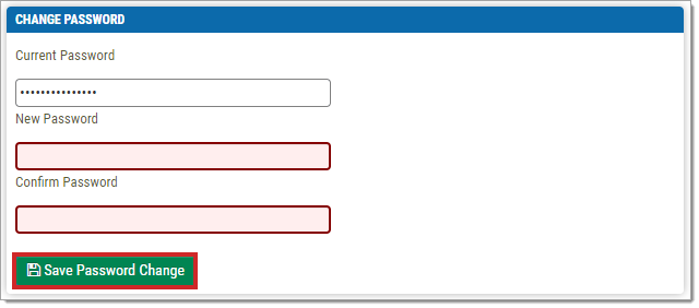 The Change Password page with a box highlighting the ‘Save Password Change’ button.