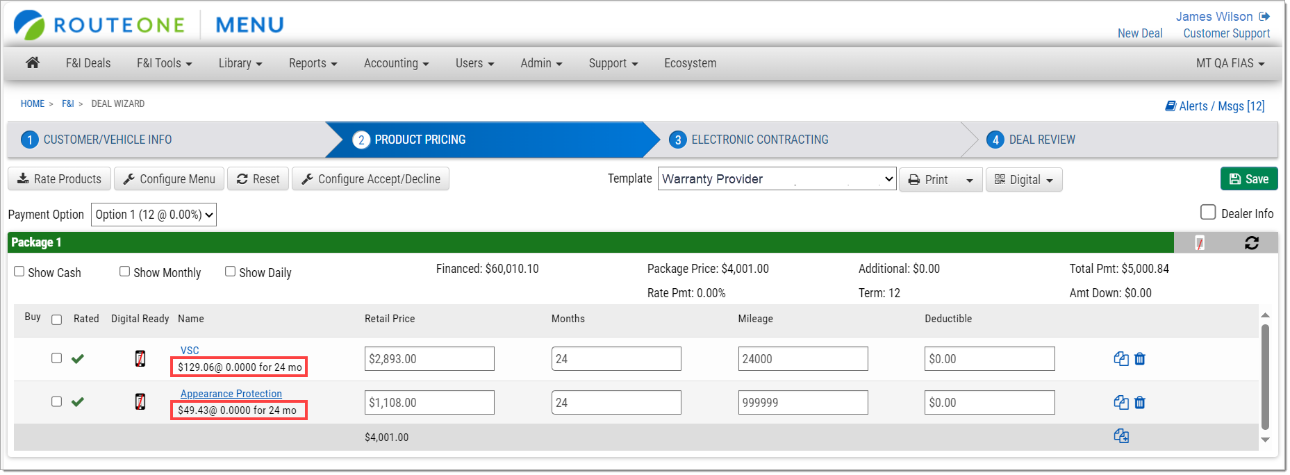 The Product Pricing page with boxes highlighting the payment details below the product names.