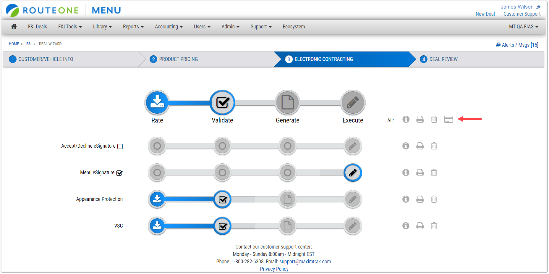 The Electronic Contracting page with an arrow pointing to the greyed-out credit card icon.