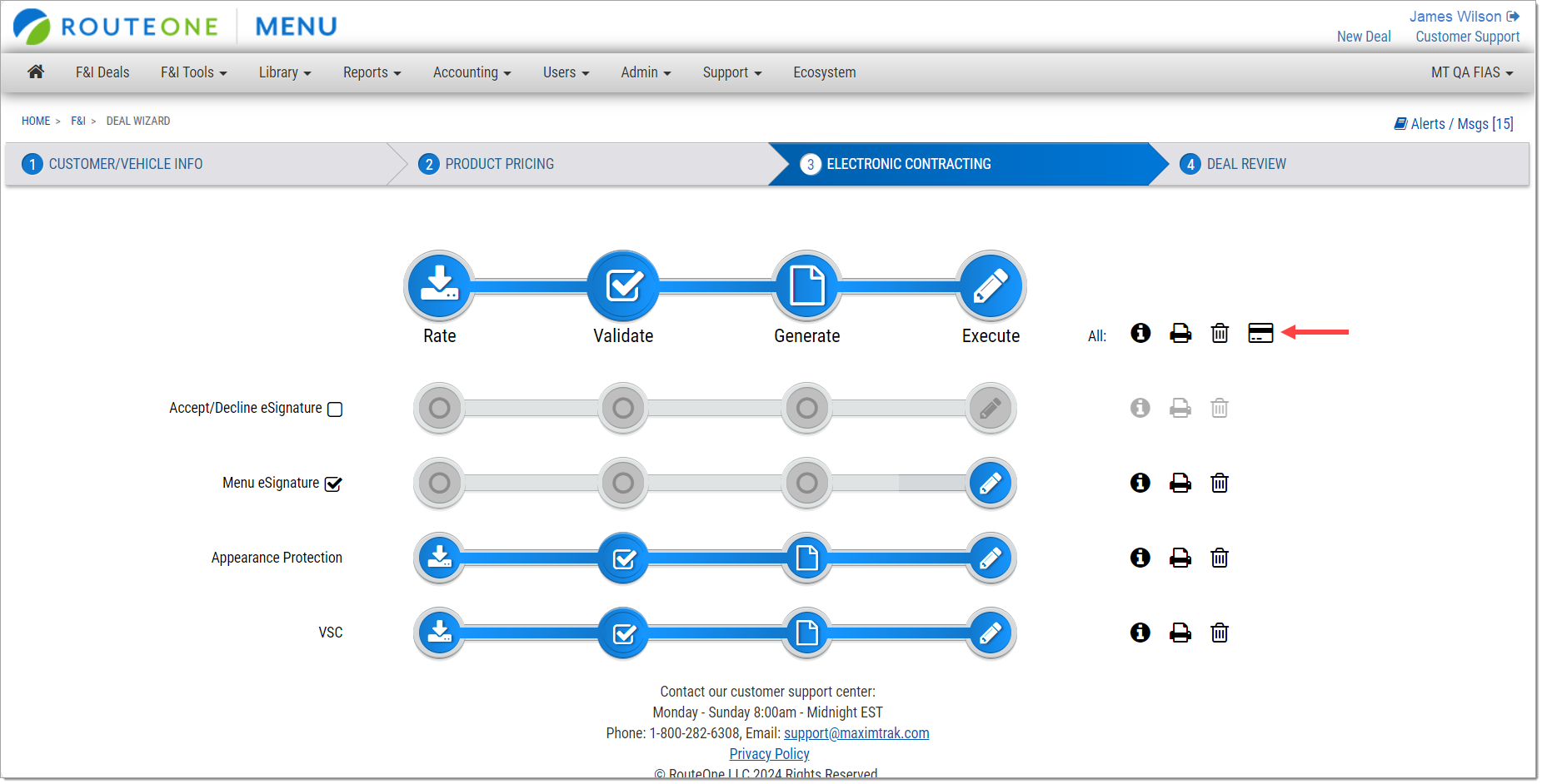 The Electronic Contracting page with an arrow pointing to the clickable credit card icon.