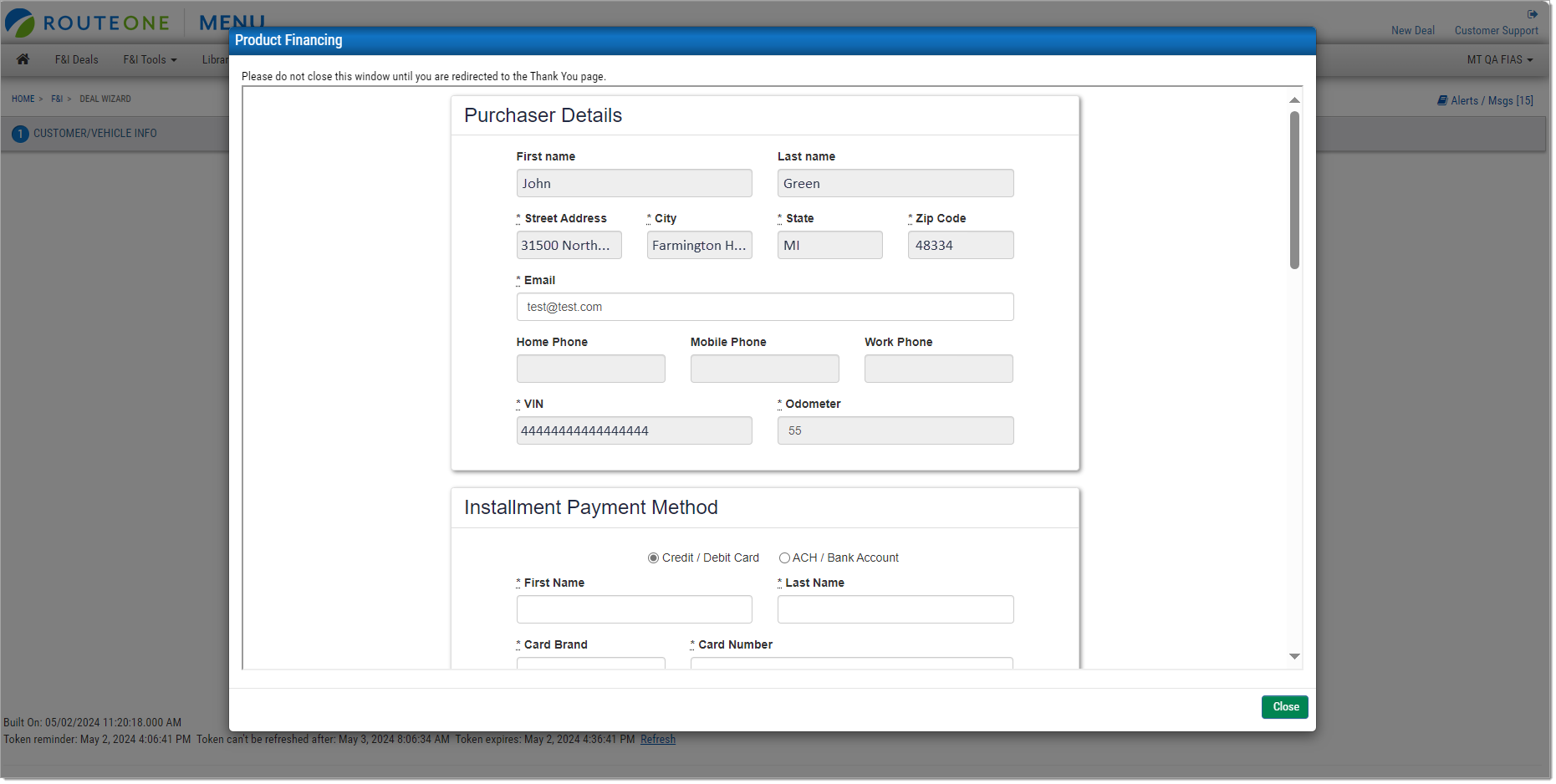 The ‘Product Financing’ pop-up of the Payment Plan Provider’s portal.