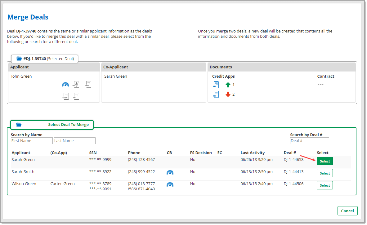 The Merge Deals page with an arrow pointing to the ‘Select’ button on Sarah Green’s row.