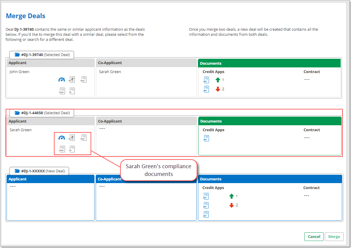 The Merge Deals page with a box highlighting the ‘Selected Deal’ section for Sarah Green, and a box highlighting her compliance documents icons with pop-out text reading ‘Sarah Green’s compliance documents.’