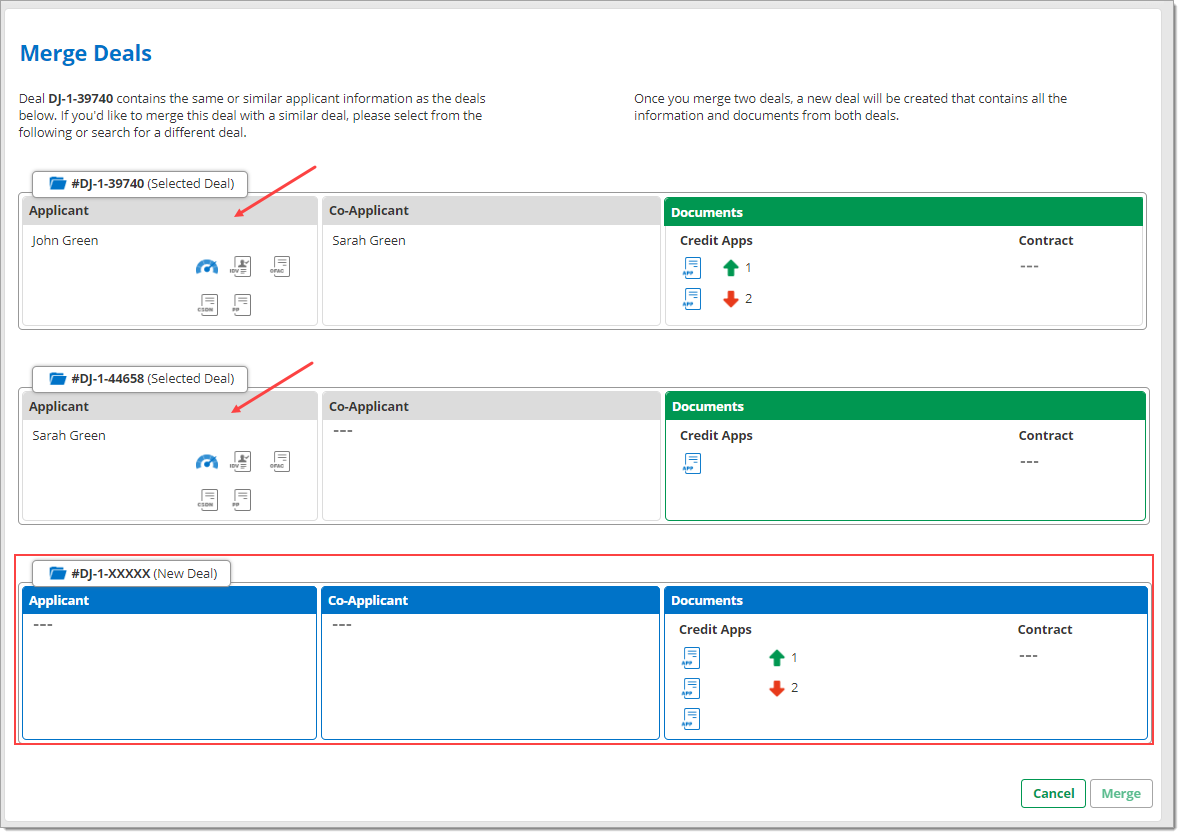 The Merge Deals page with a box highlighting the ‘New Deal’ section and arrows pointing to each applicant section.