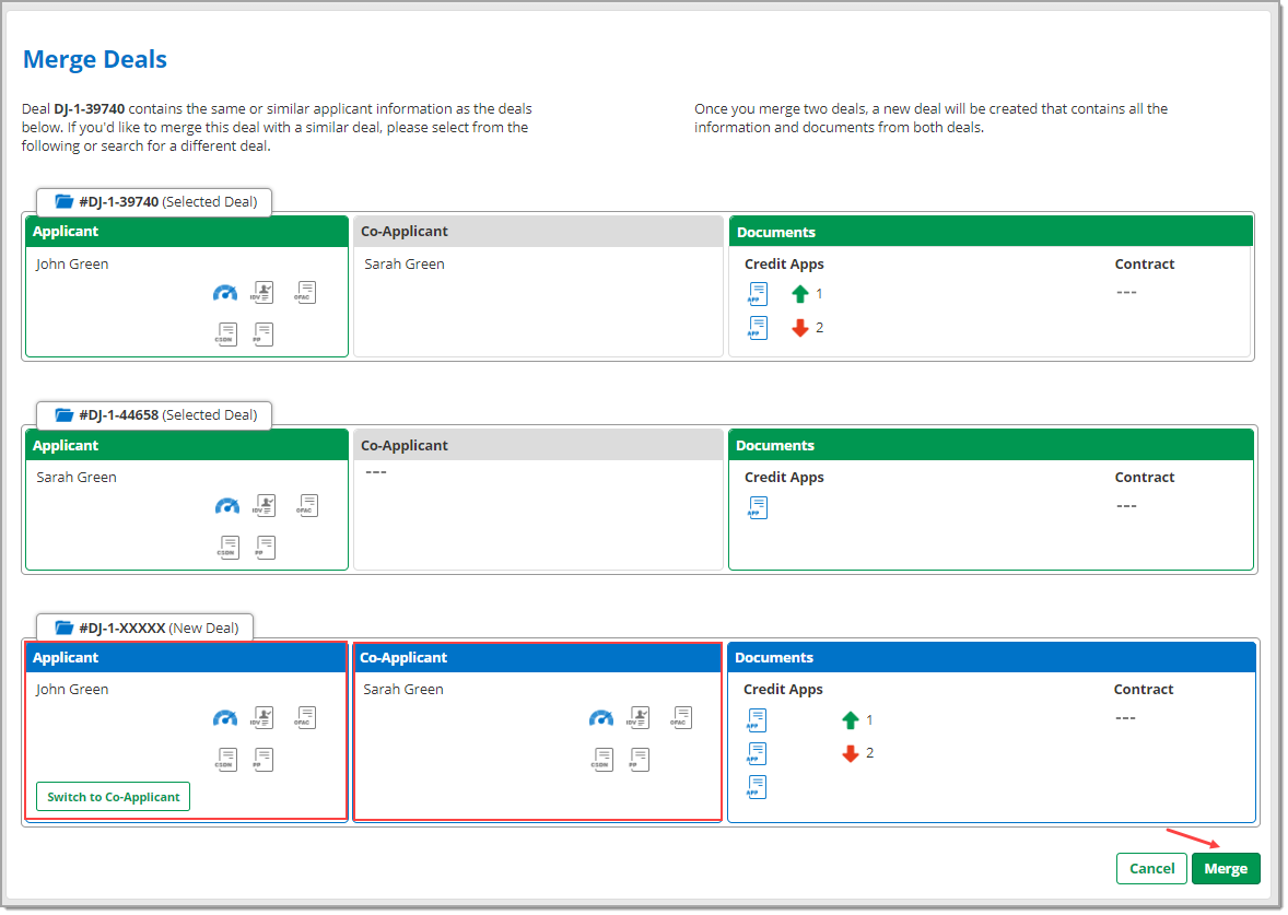 The Merge Deals Page with boxes highlighting the ‘Applicant’ and ‘Co-Applicant’ sections of the ‘New Deal,’ and an arrow pointing to the ‘Merge’ button.