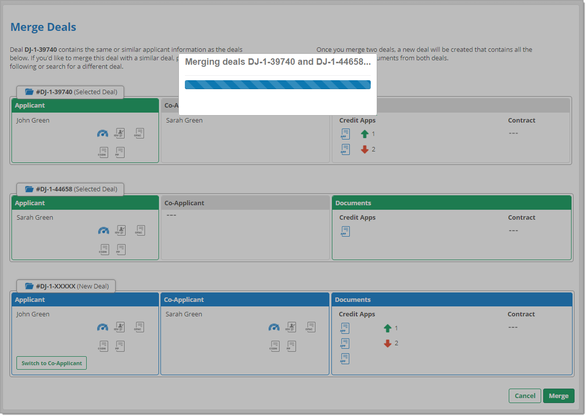 The Merge Deals page in the process of merging.