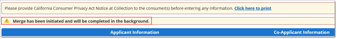 The alert message informing the user that the Merge was initiated and will be completed in the background, highlighted by a box.