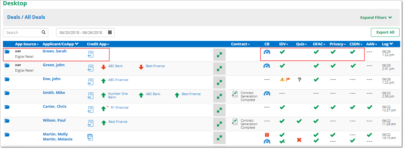 The Desktop page with boxes highlighting Sarah Green’s name and app source, and other compliance activities.