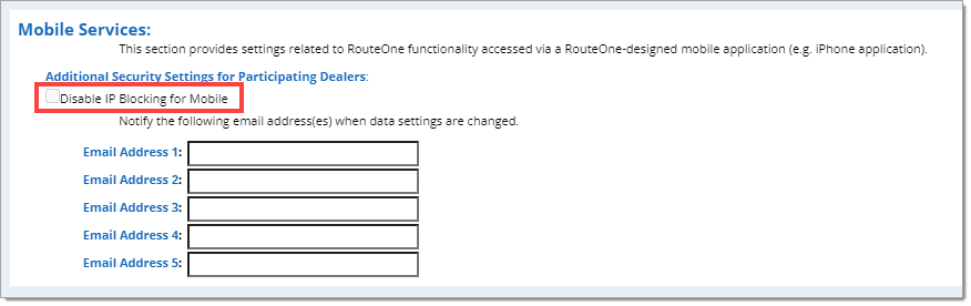 The ‘Mobile Services’ section with a box highlighting the ‘Disable IP Blocking for Mobile’ checkbox.