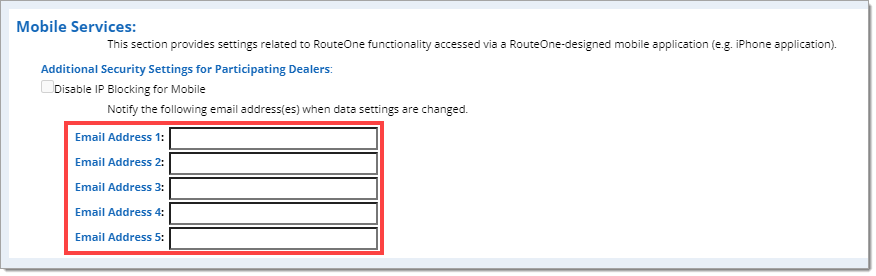 The ‘Mobile Services’ section with a box highlighting the ‘Email Address’ fields.