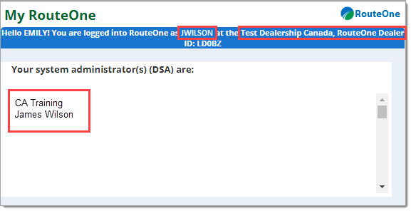 A zoomed-in view of the top of the MyRouteOne window, with boxes highlighting the User ID and Dealer ID at the top of the page and the names of the DSAs in the DSA section. 