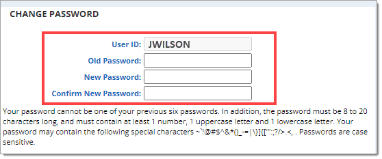 The Change Password section of MyRouteOne with ‘JWILSON’ entered in the ‘User ID’ field and a box highlighting all fields.