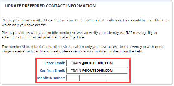 The preferred contact information section with the email entered as ‘TRAIN@ROUTEONE.COM’ and a box highlighting the email and mobile number fields.