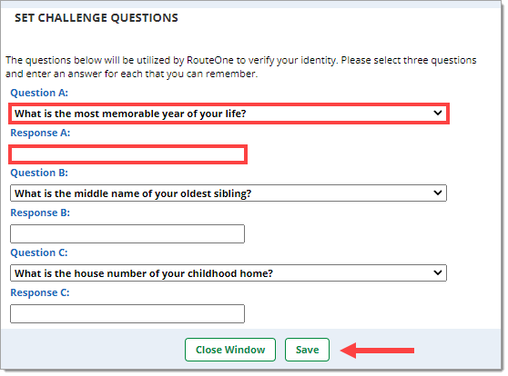 The challenge questions section with boxes highlighting the Question A drop-down menu and the corresponding response field, and an arrow pointing to the ‘Save’ button.