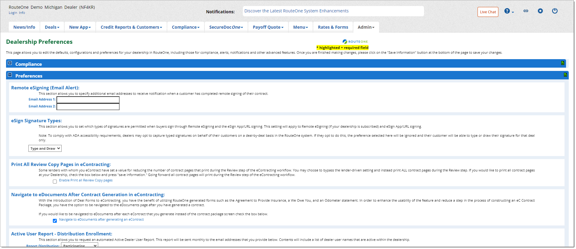 The Dealership Preferences page with the ‘Compliance’ section minimized and the ‘Preferences’ section visible.