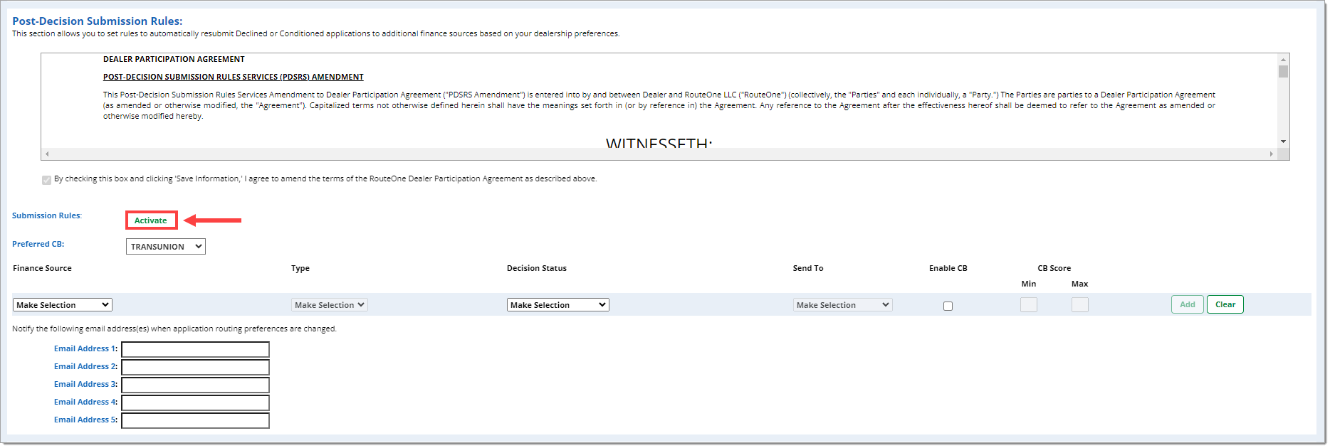 he ‘Post-Decision Submission Rules’ section with the ‘Activate’ button highlighted by a box with an arrow pointing to it.