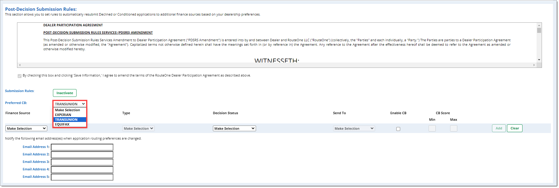 The ‘Post-Decision Submission Rules’ section with the ‘Preferred CB’ drop-down menu expanded and highlighted by a box.