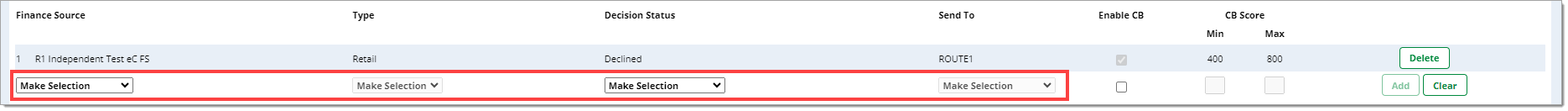 A cropped view of the ‘Post-Decision Submission Rules’ section with a box highlighting the ‘Finance Source,’ ‘Type,’ ‘Decision Status,’ and ‘Send To’ drop-down menus for adding a new rule.