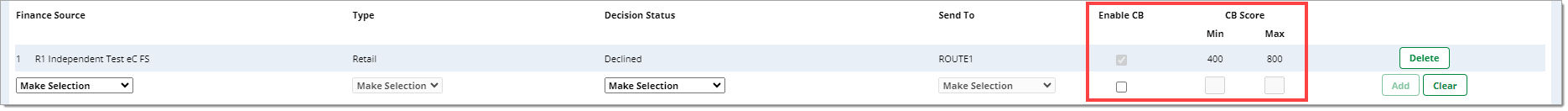 A cropped view of the ‘Post-Decision Submission Rules’ section with a box highlighting the ‘Enable CB’ checkbox and ‘CB Score Min/Max’ fields.