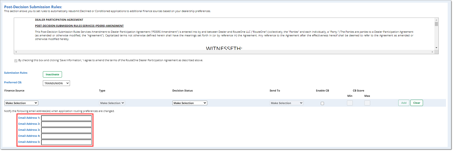 The ‘Post-Decision Submission Rules’ section with a box highlighting the ‘Email Address’ fields.