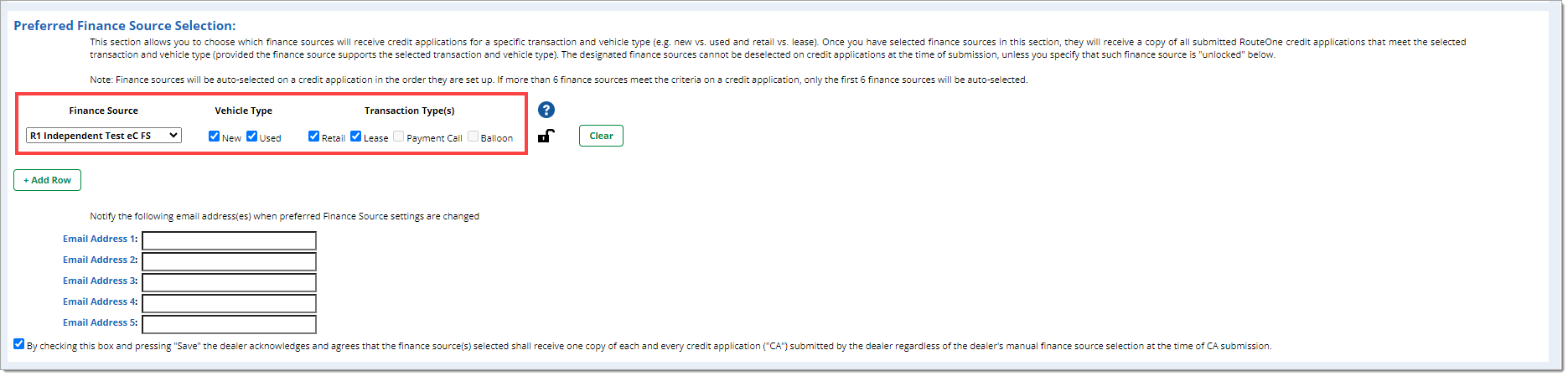 The ‘Preferred Finance Source Selection’ section with a box highlighting the ‘Finance Source’ drop-down menu, the ‘Vehicle Type’ checkboxes, and the ‘Transaction Type(s)’ checkboxes.