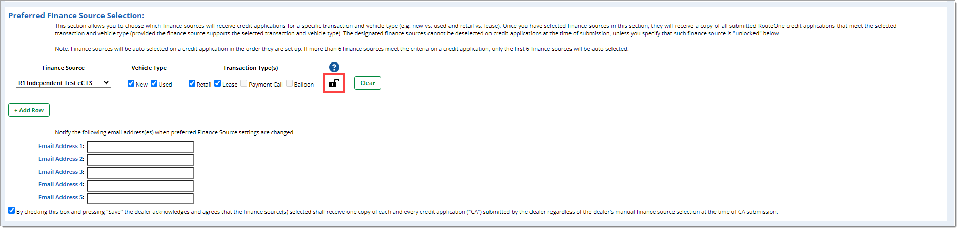 The ‘Preferred Finance Source Selection’ section with a box highlighting the padlock icon.