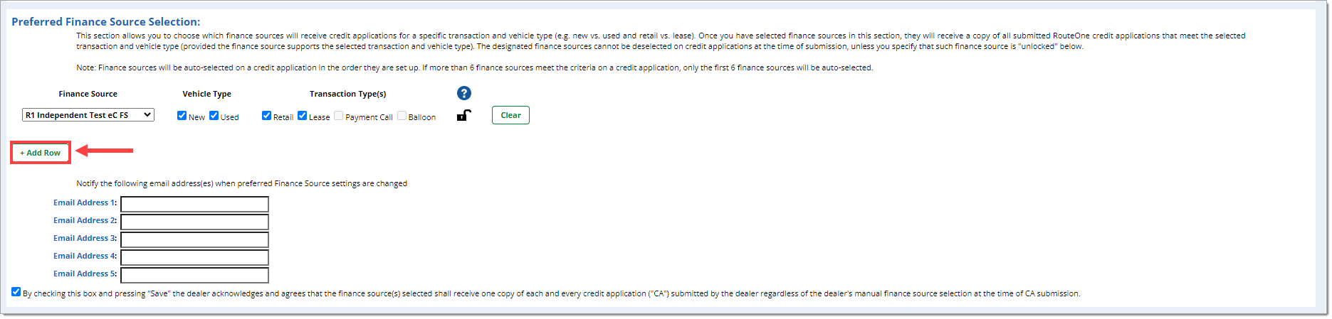 The ‘Preferred Finance Source Selection’ section with the ‘+ Add Row’ button highlighted by a box with an arrow pointing to it.