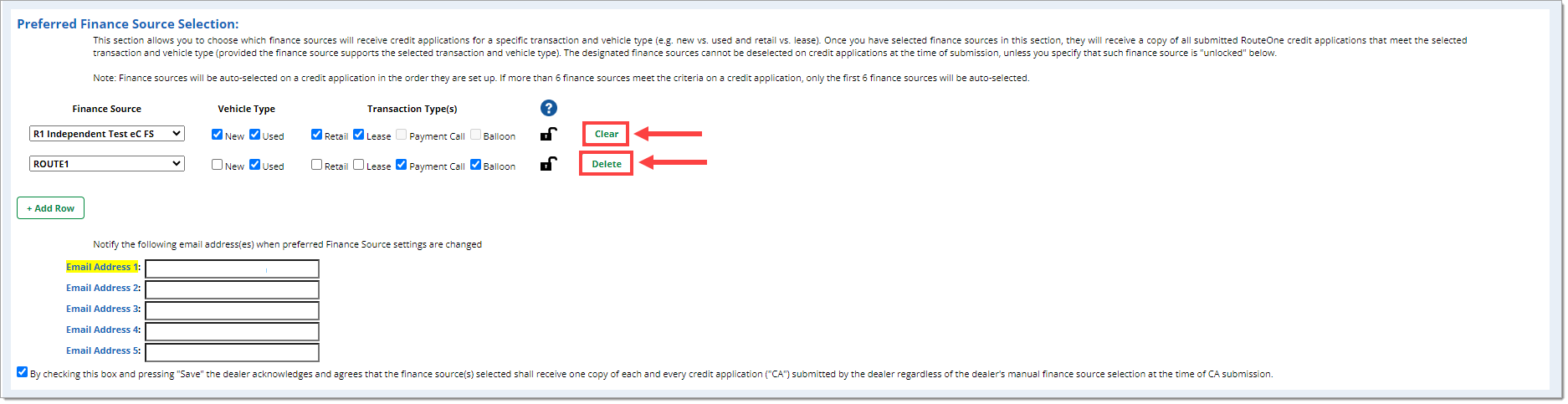 The ‘Preferred Finance Source Selection’ section with two preferred finance sources, the ‘Clear’ and ‘Delete’ buttons highlighted by boxes with arrows pointing to them.