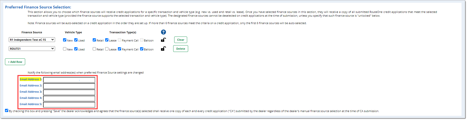 The ‘Preferred Finance Source Selection’ section with a box highlighting the ‘Email Address’ fields. The ‘Email Address 1’ field is highlighted yellow to indicate that it is required.