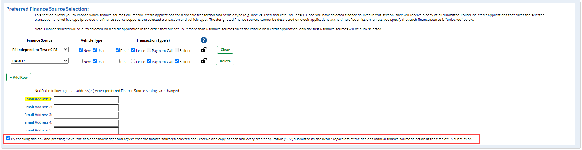 The ‘Preferred Finance Source Selection’ section with a box highlighting the ‘By checking this box and pressing “Save” the dealer acknowledges and agrees that the finance source(s) selected shall receive one copy of each and every credit application (“CA”) submitted by the dealer regardless of the dealer’s manual finance source selection at the time of CA submission.’ checkbox.