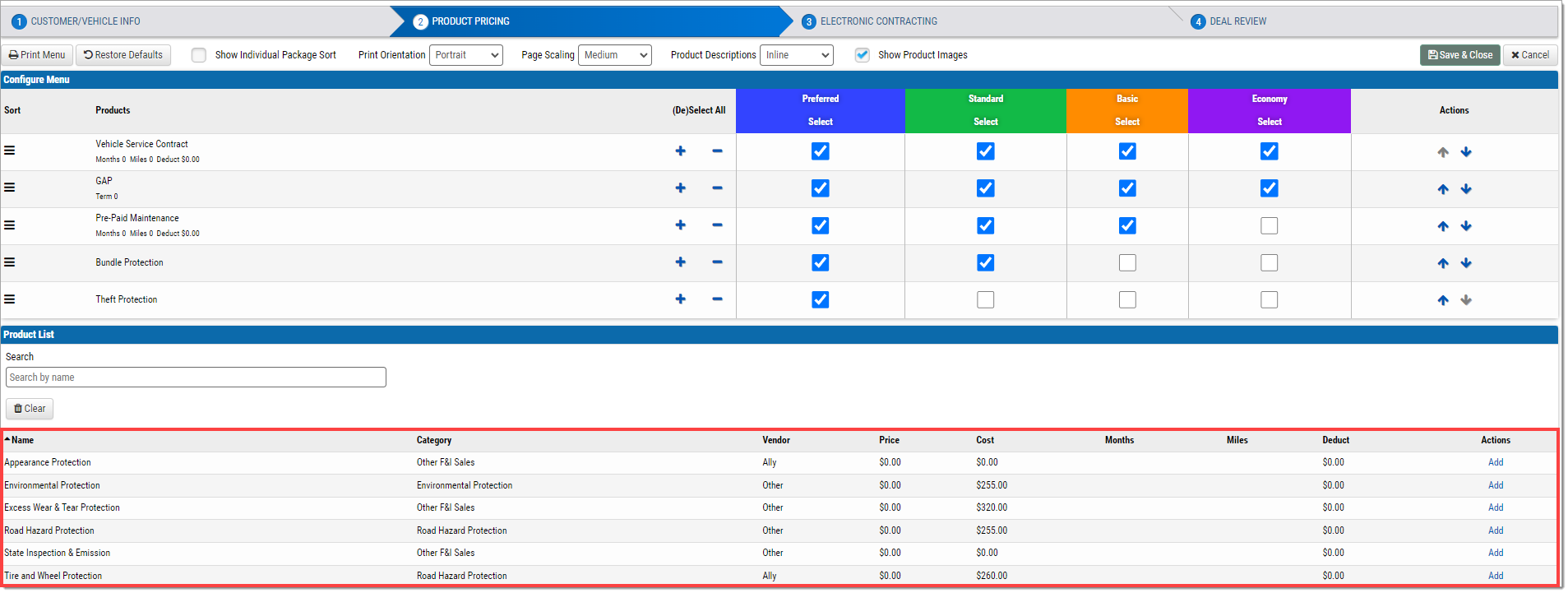 The ‘Configure Menu’ page with a box highlighting the list of products.