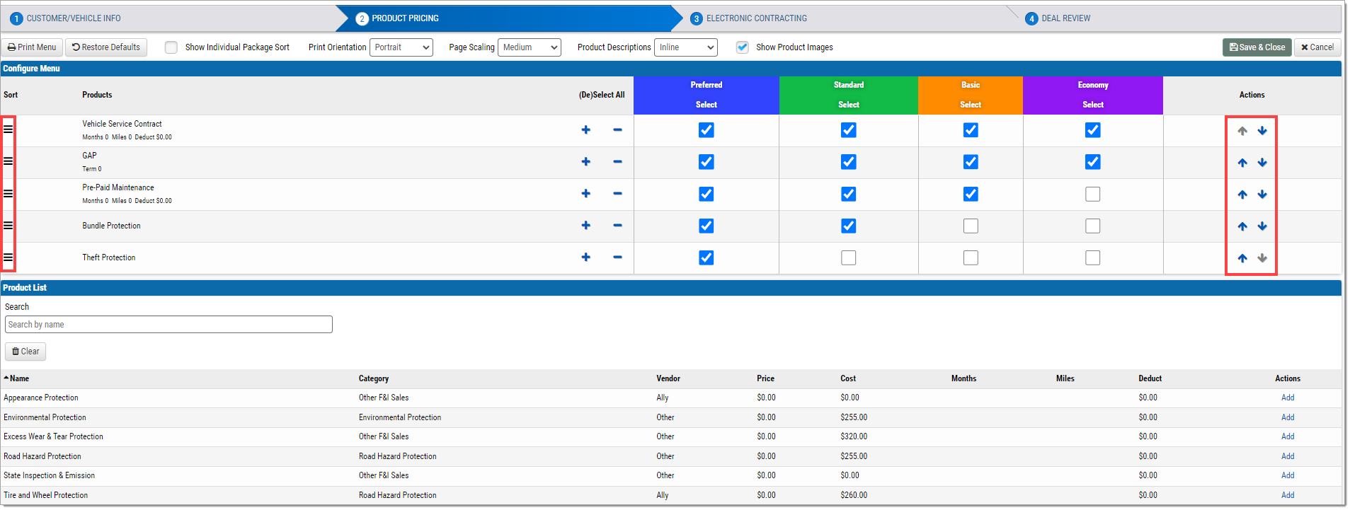 The ‘Configure Menu’ page with boxes highlighting the ‘Sort’ and 'Actions' columns.