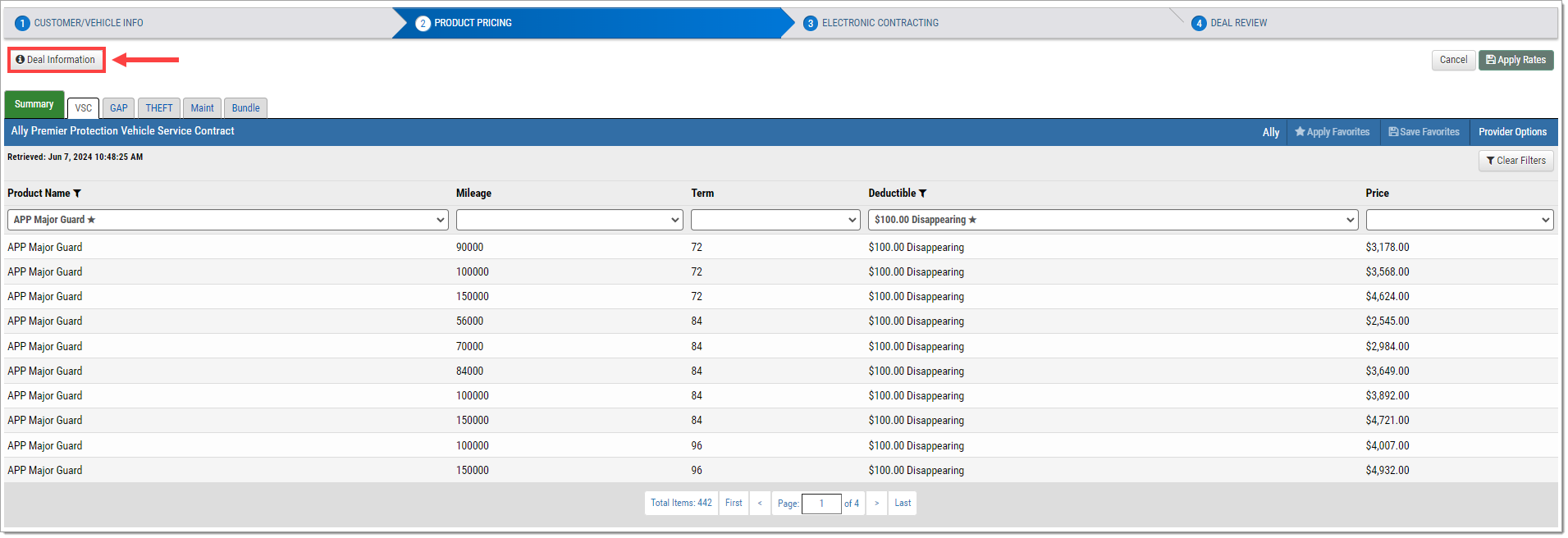 The ‘Rate Products’ page with an arrow pointing to the ‘Deal Information’ button in the upper left corner.