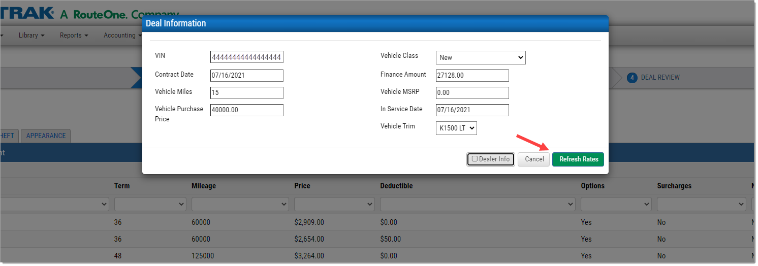 The ‘Deal Information’ pop-up window with an arrow pointing to the ‘Refresh Rates’ button.