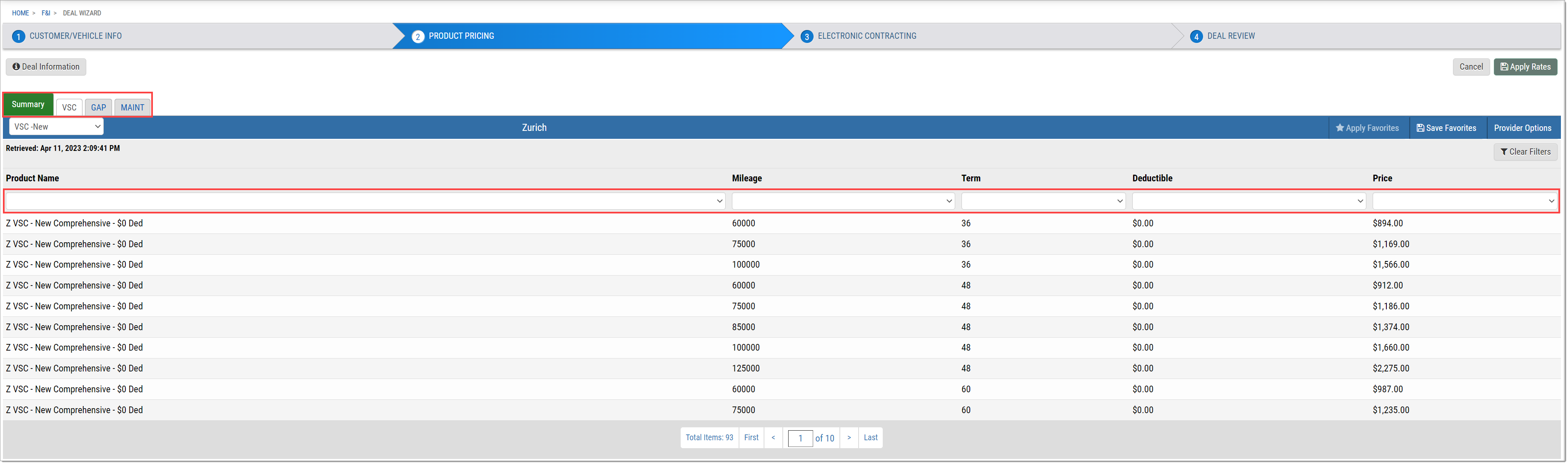 The Rate Products page with a box highlighting the tabs and a box highlighting the available filters.