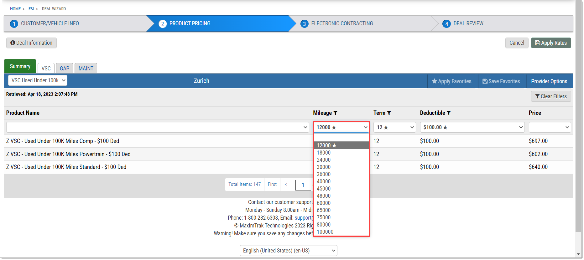 The Rate Products page with the Mileage drop-down menu opened and highlighted by a box, with the 12000 option marked with a star.