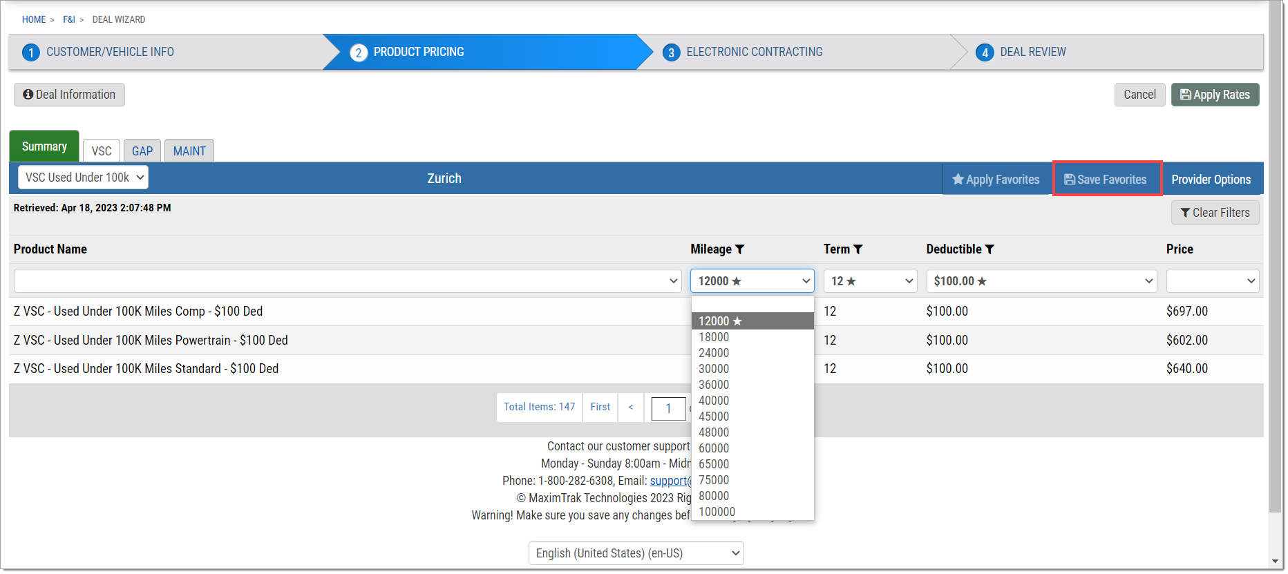 The Rate Products page with the Mileage drop-down menu opened and the ‘Save Favorites’ button highlighted by a box.