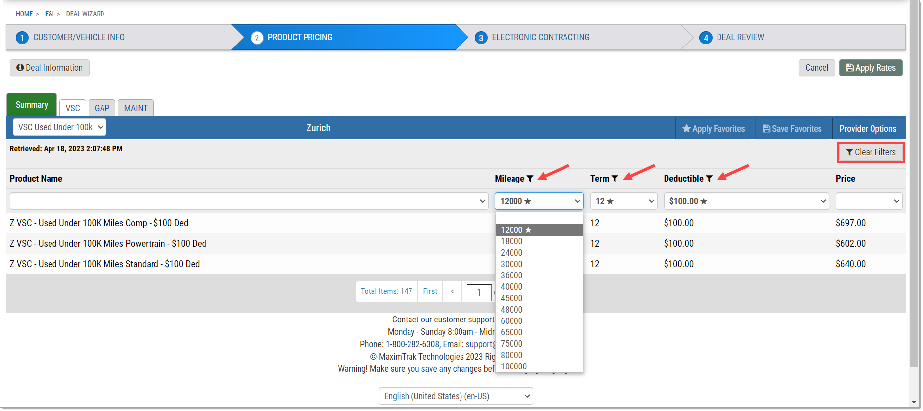 The Rate Products page with arrows pointing to the ‘filter’ icons that appear next to the ‘Mileage,’ ‘Term,’ and ‘Deductible’ headers.