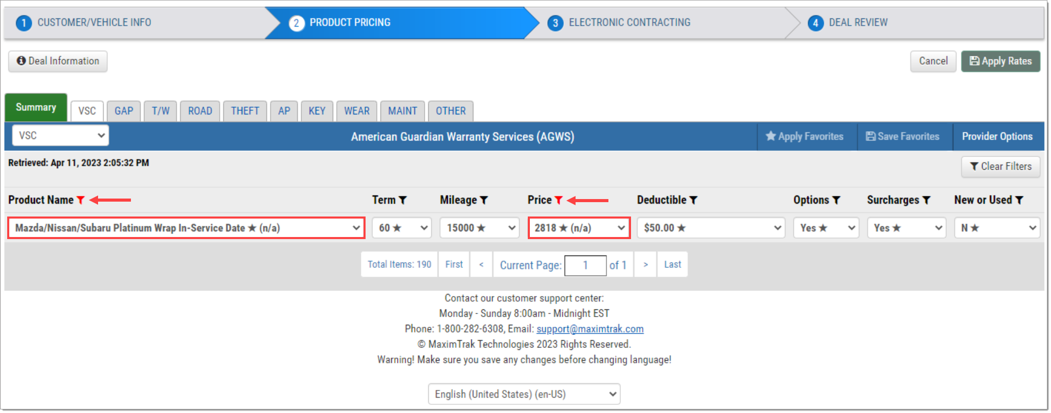 The Rate Products page with boxes highlighting the ‘Product Name’ and ‘Price’ drop-down menus, whose selections are marked with a star icon and a ‘(n/a).’ Next to the ‘Product Name’ and ‘Price’ headers, the ‘filter’ icon is red, and an arrow points to each.