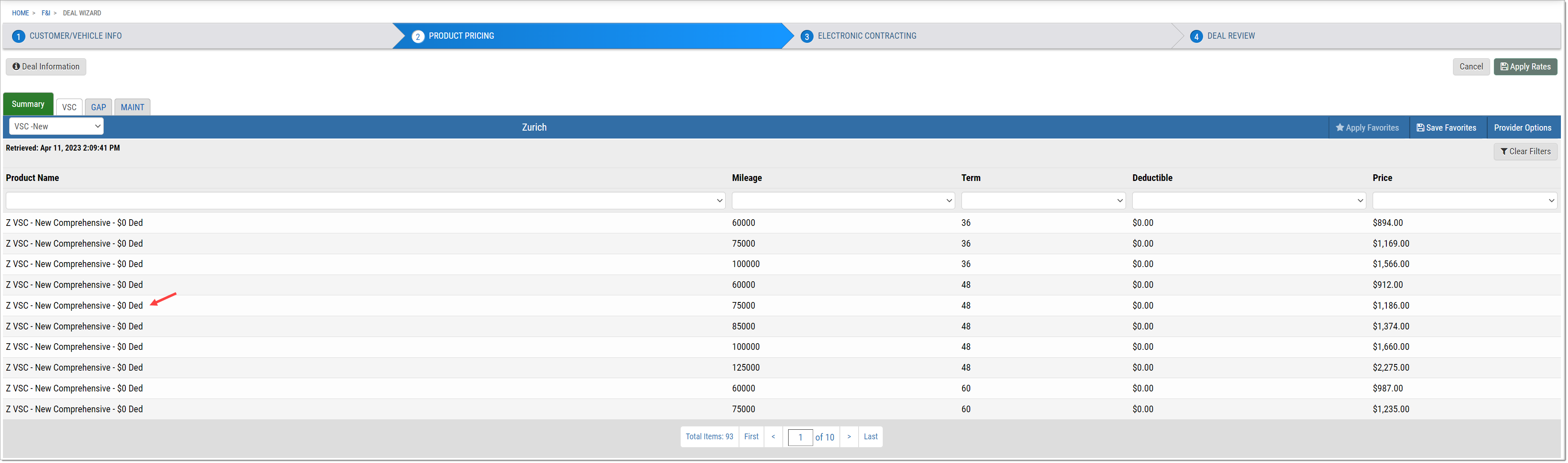 The Rate Products page with an arrow pointing to a product name.