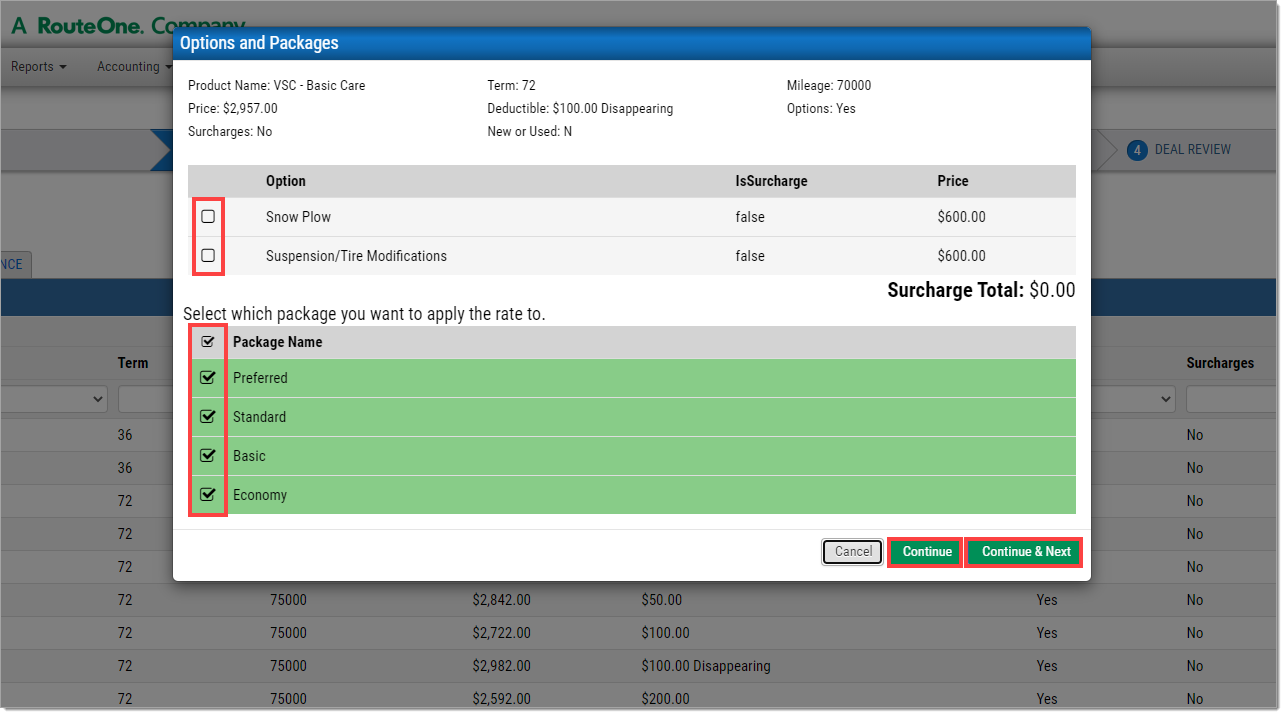 The ‘Options and Packages’ pop-up window with the check boxes highlighted by boxes, and the ’Continue’ and ’Continue & Next’ buttons at the bottom right highlighted by boxes.