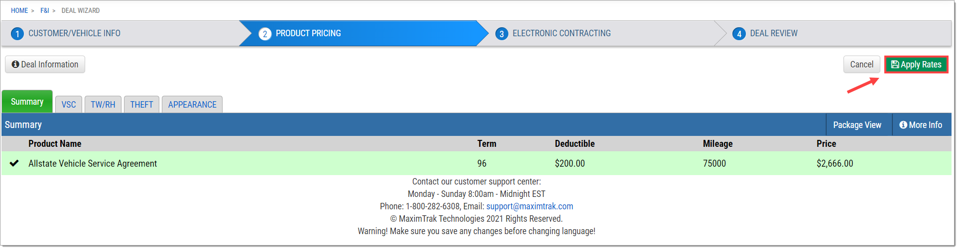 The Rate Products page with a product highlighted in green and the ‘Apply Rates’ button highlighted by a box with an arrow pointing to it.