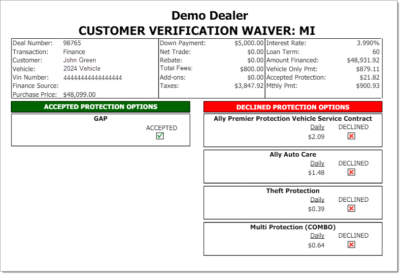 The preview of the printable Accept/Decline sheet.