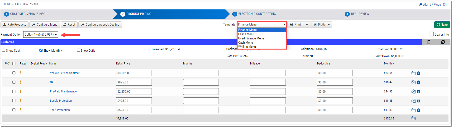 Step Two with boxes highlighting the ‘Payment Option’ drop-down menu and menu type drop-down menu at the top of the page.